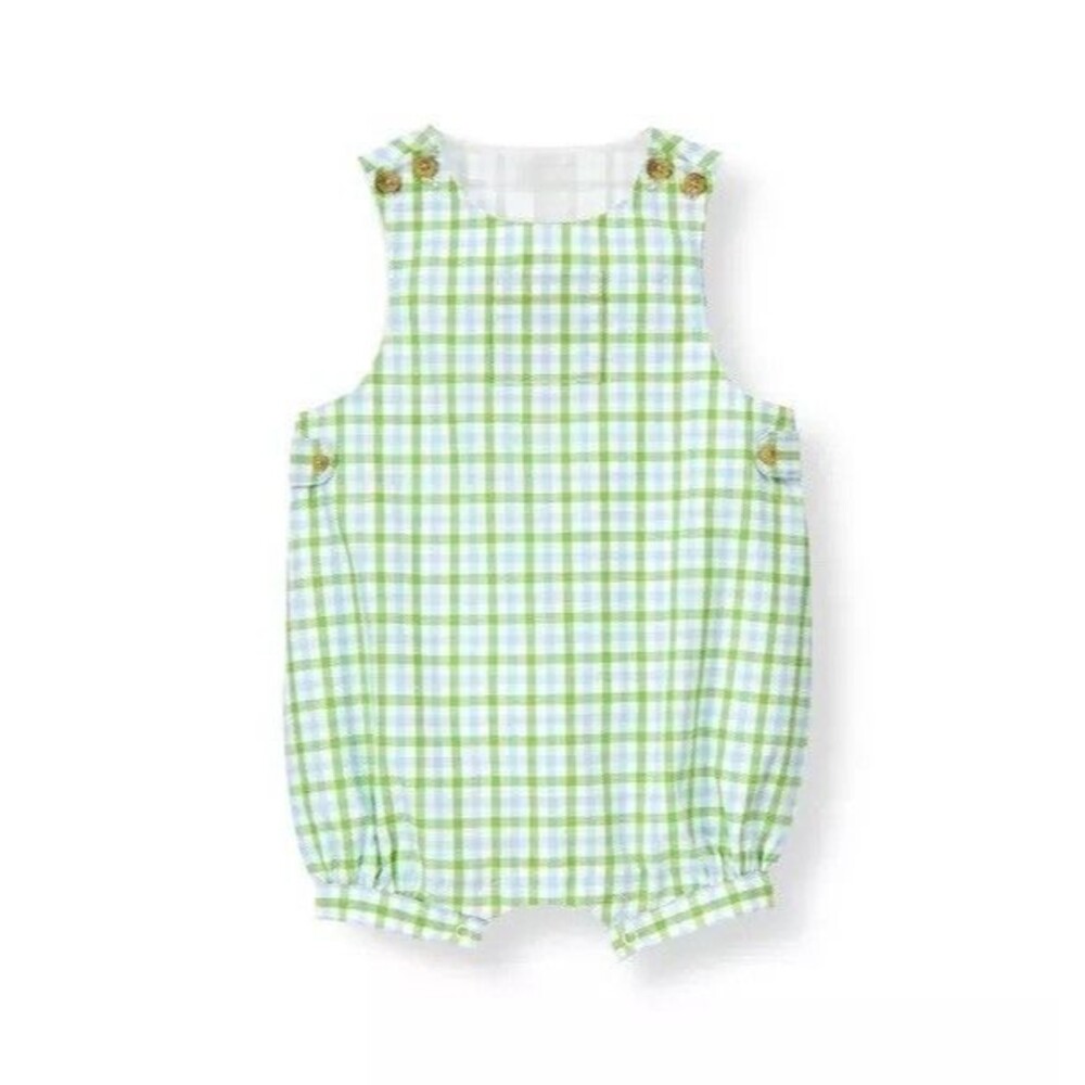 Janie and Jack Green Blue Gingham Shortall Bubble Romper 12-18 Months Cotton
